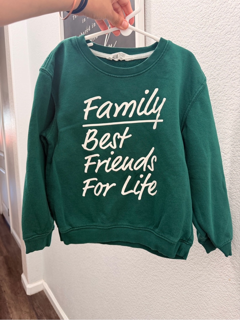 H&M Kids Green Sweatshirt with White 'Family Best Friends For Life' Script